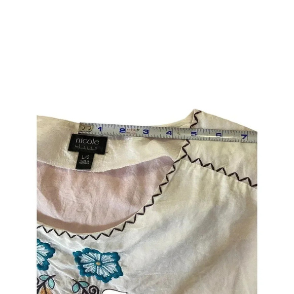 Embroidered Floral Peasant Blouse Top NICOLE Miller Sz Large White Silk/Cotton - Picture 12 of 16